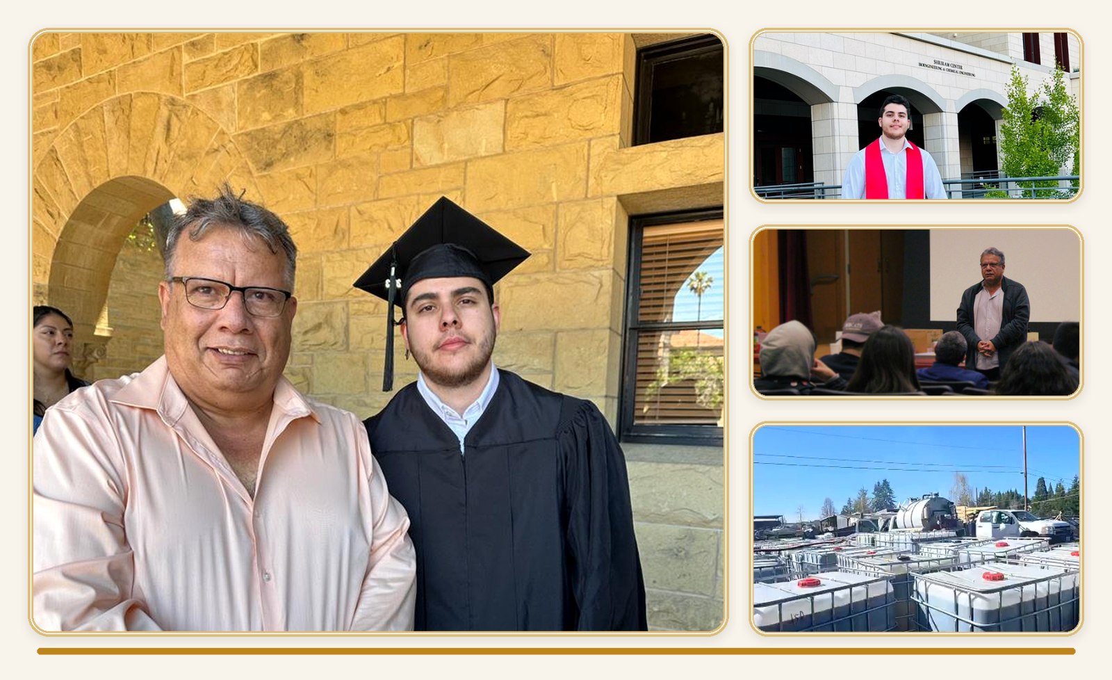 Andres Michel and his uncle — Stanford graduation, UC Merced lecture, and A&A collection containers